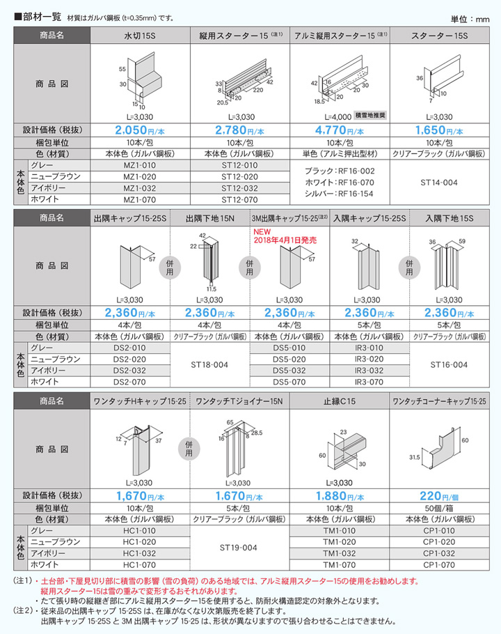 付属品商品表1(水切、スターター、キャップ、ワンタッチジョイナー、捨板、アングルなど)