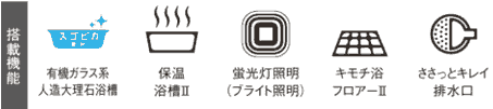 人造大理石浴槽、保温浴槽2、蛍光灯照明、キモチ浴、ささっとキレイ排水口