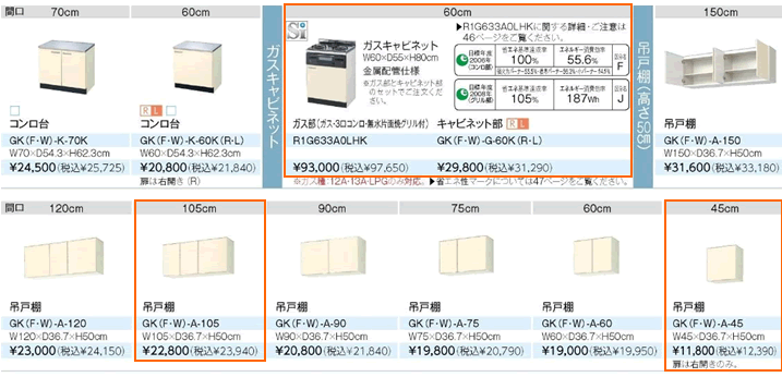 ガスキャビネット、ガスコンロの置き型にも変更可能、吊戸棚